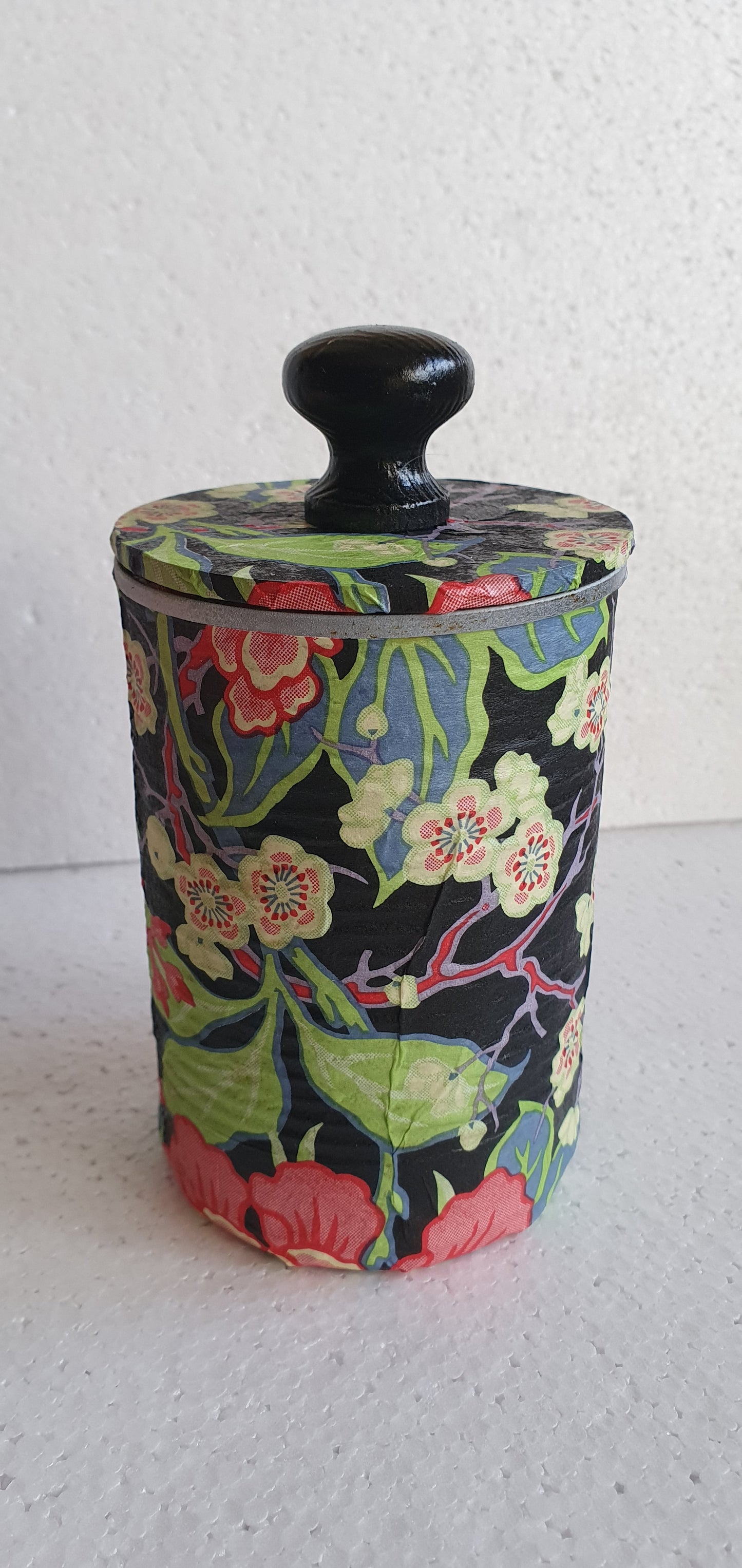 Upcycle Tin Can Storage Jars With Lids Black Red Yellow Floral Decoupage Hand Decorated Home Decor Gift