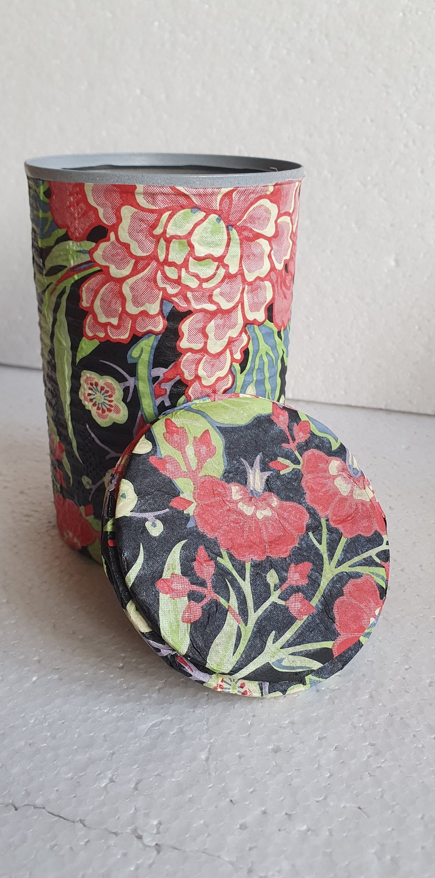 Upcycle Tin Can Storage Jars With Lids Black Red Yellow Floral Decoupage Hand Decorated Home Decor Gift