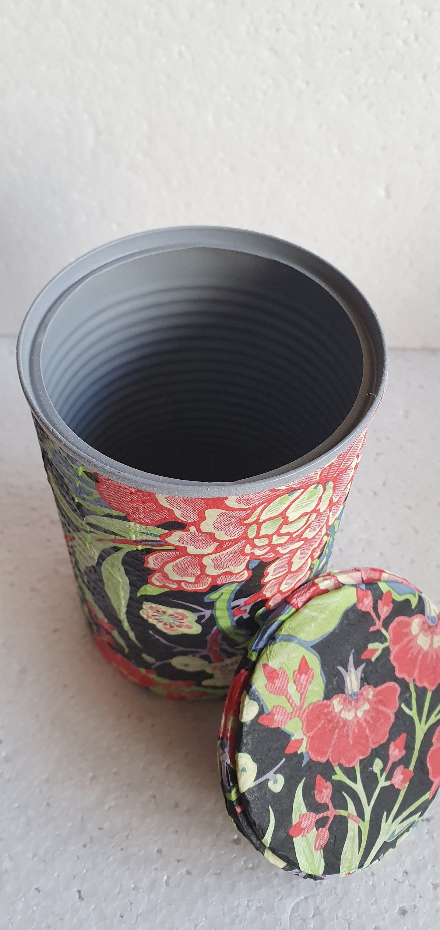 Upcycle Tin Can Storage Jars With Lids Black Red Yellow Floral Decoupage Hand Decorated Home Decor Gift