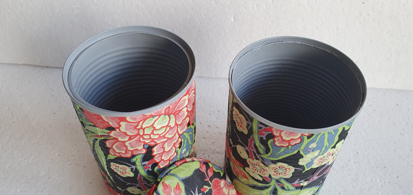 Upcycle Tin Can Storage Jars With Lids Black Red Yellow Floral Decoupage Hand Decorated Home Decor Gift