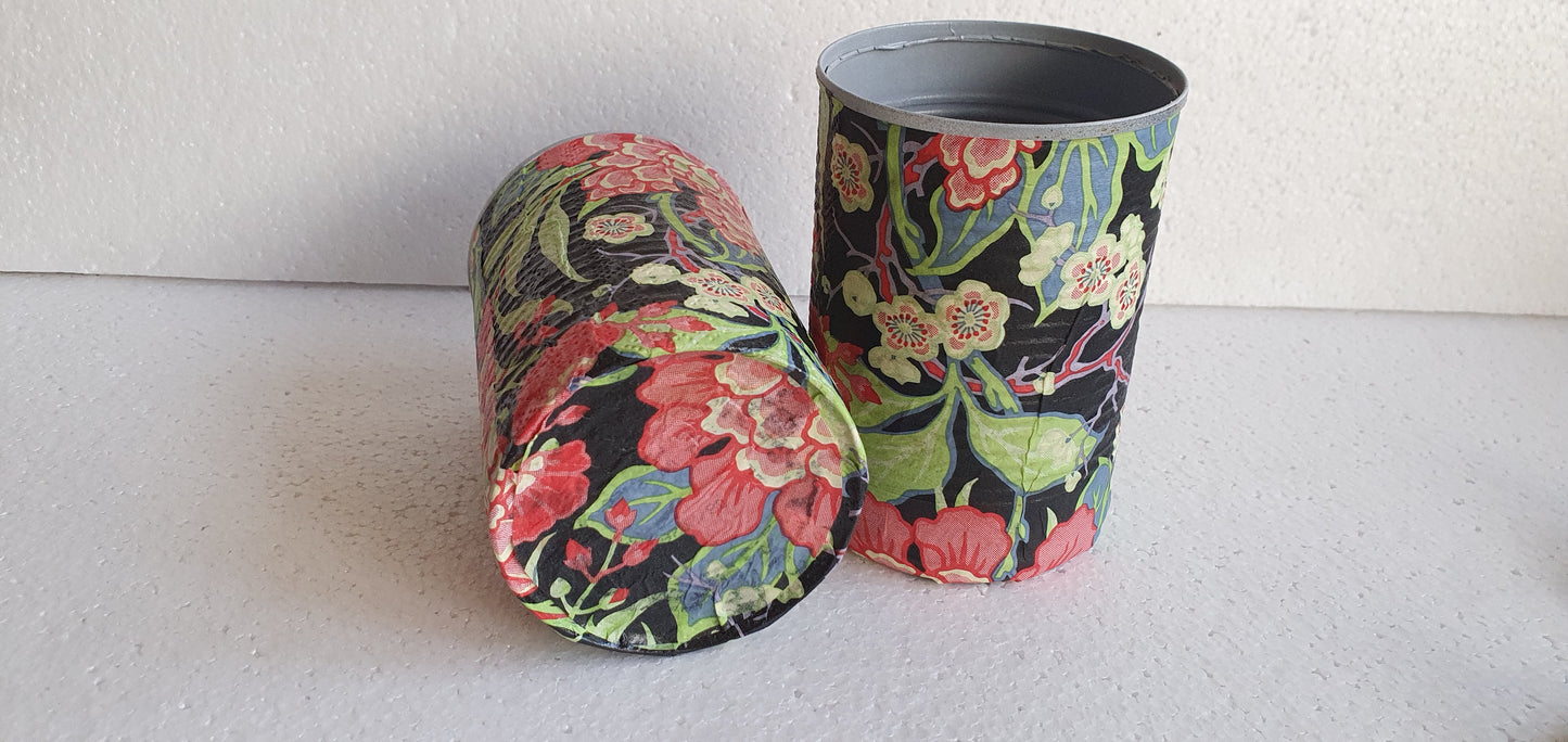 Upcycle Tin Can Storage Jars With Lids Black Red Yellow Floral Decoupage Hand Decorated Home Decor Gift