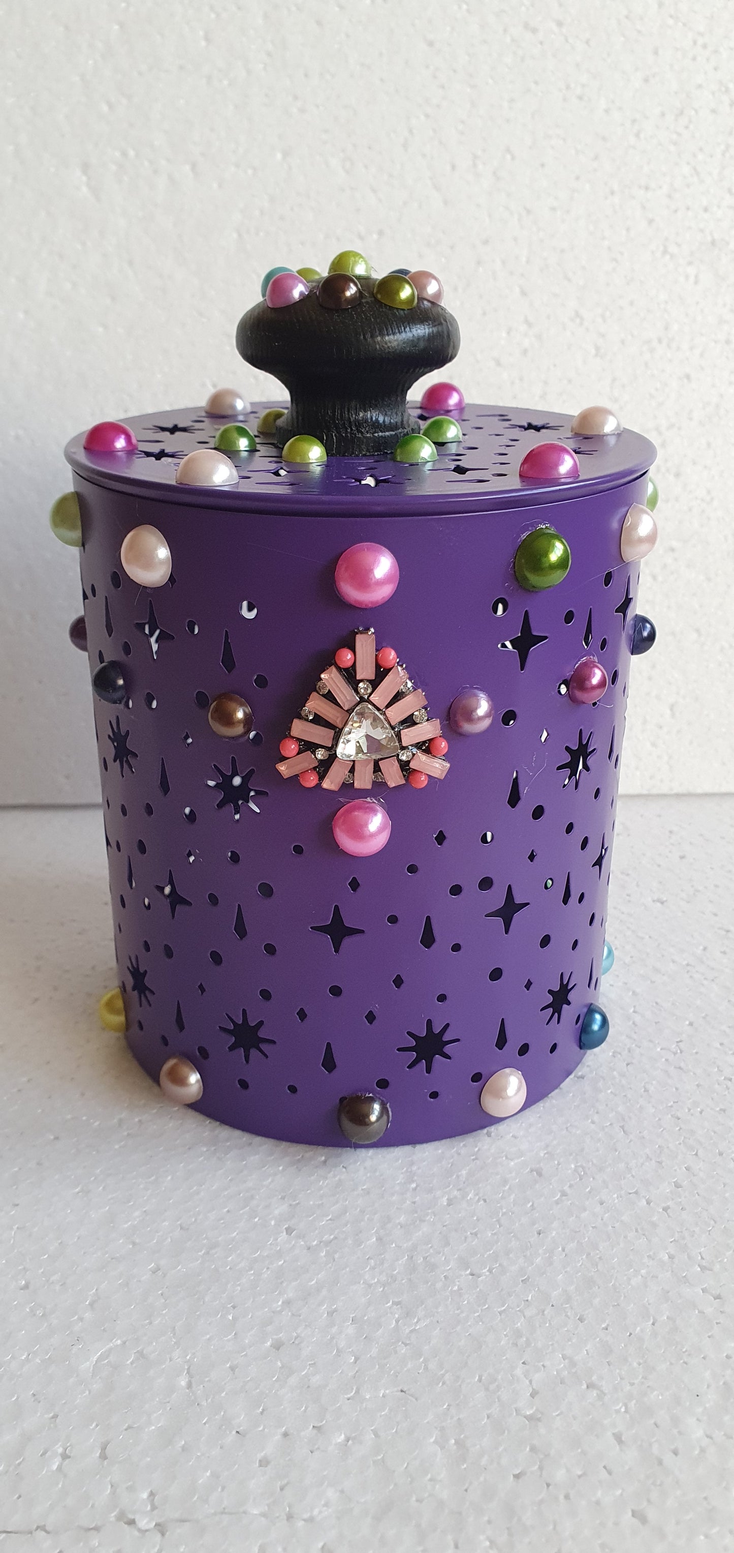 Purple Pierced Metal Candle Holder Or Storage Tin With Lid Decoupage Hand Decorated Home Decor Gift