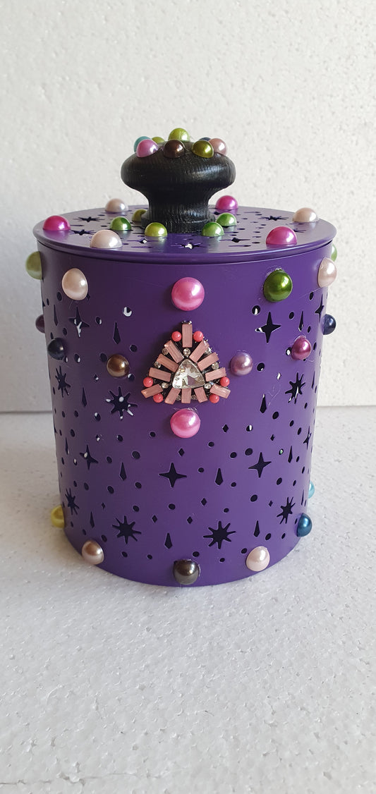 Purple Pierced Metal Candle Holder Or Storage Tin With Lid Decoupage Hand Decorated Home Decor Gift
