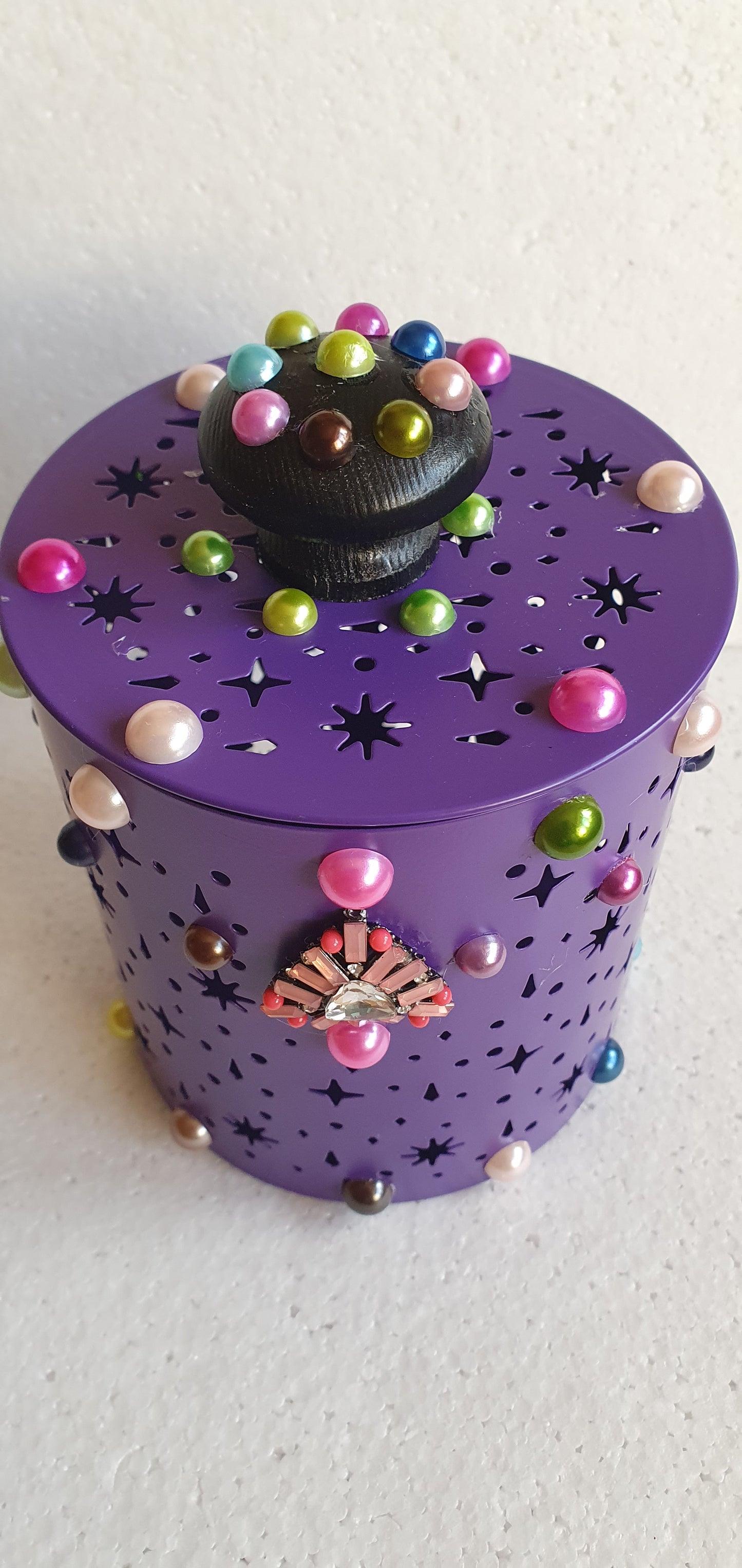 Purple Pierced Metal Candle Holder Or Storage Tin With Lid Decoupage Hand Decorated Home Decor Gift
