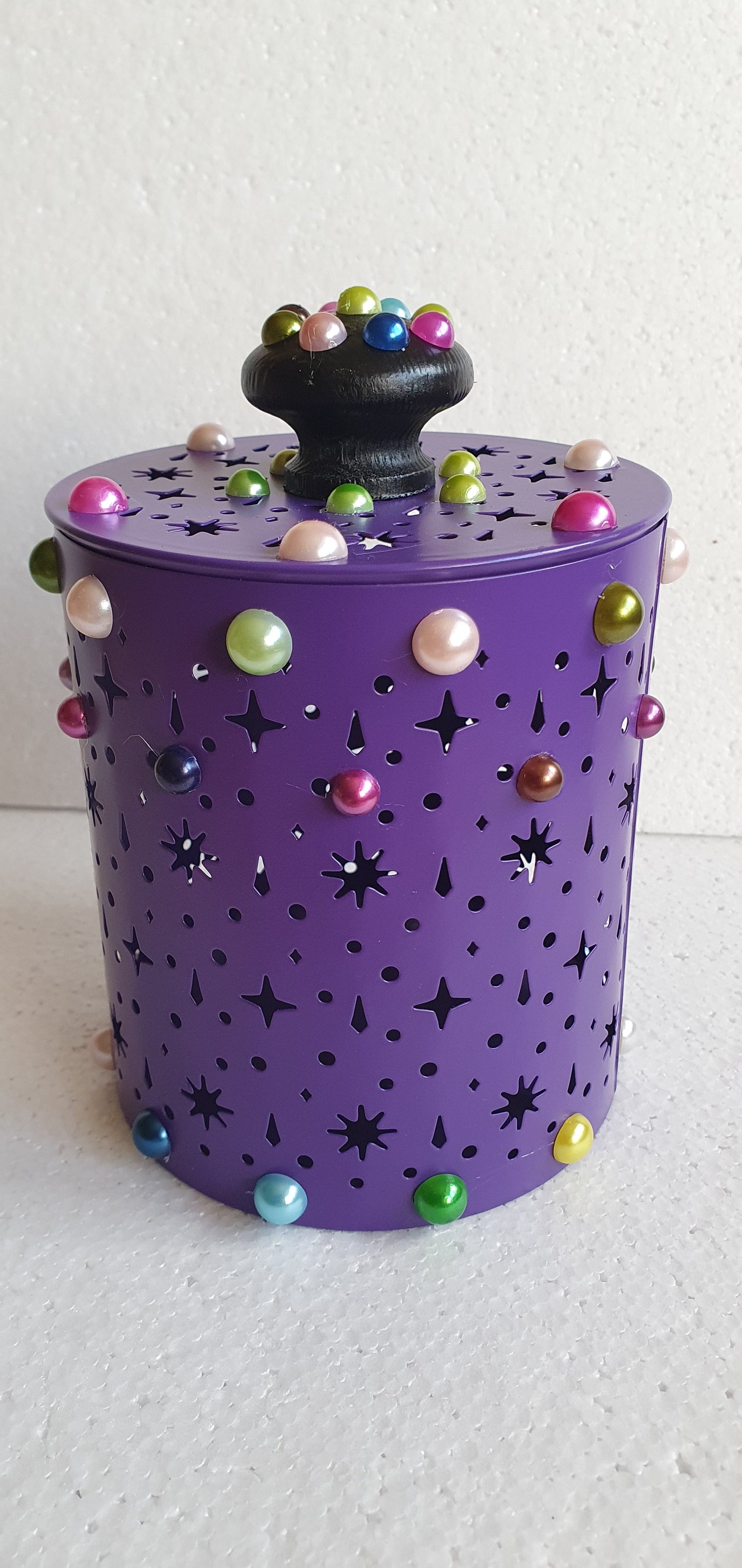 Purple Pierced Metal Candle Holder Or Storage Tin With Lid Decoupage Hand Decorated Home Decor Gift