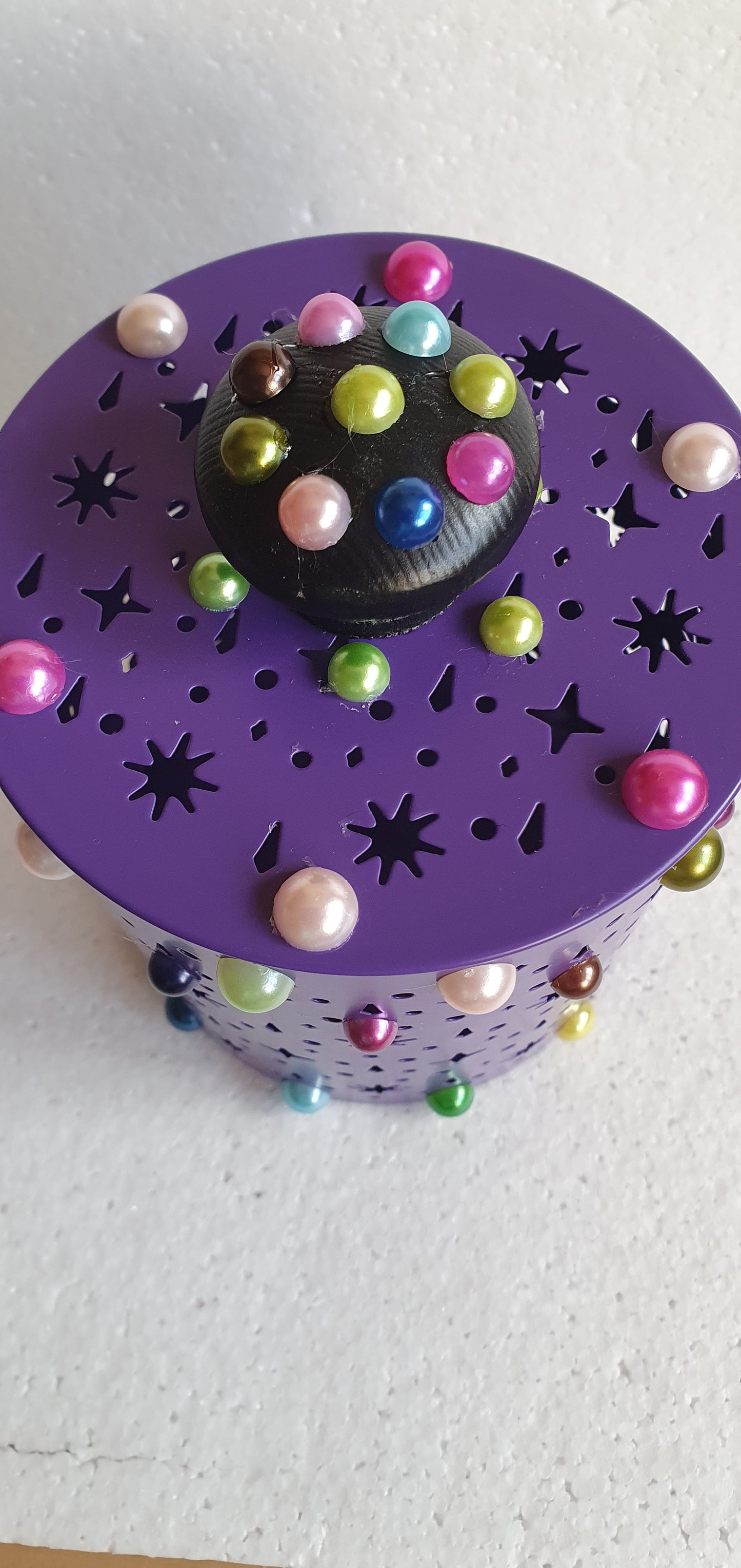 Purple Pierced Metal Candle Holder Or Storage Tin With Lid Decoupage Hand Decorated Home Decor Gift