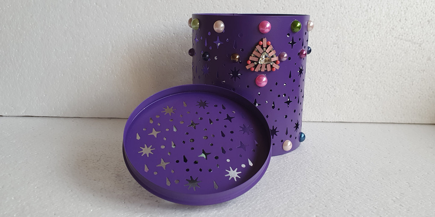 Purple Pierced Metal Candle Holder Or Storage Tin With Lid Decoupage Hand Decorated Home Decor Gift