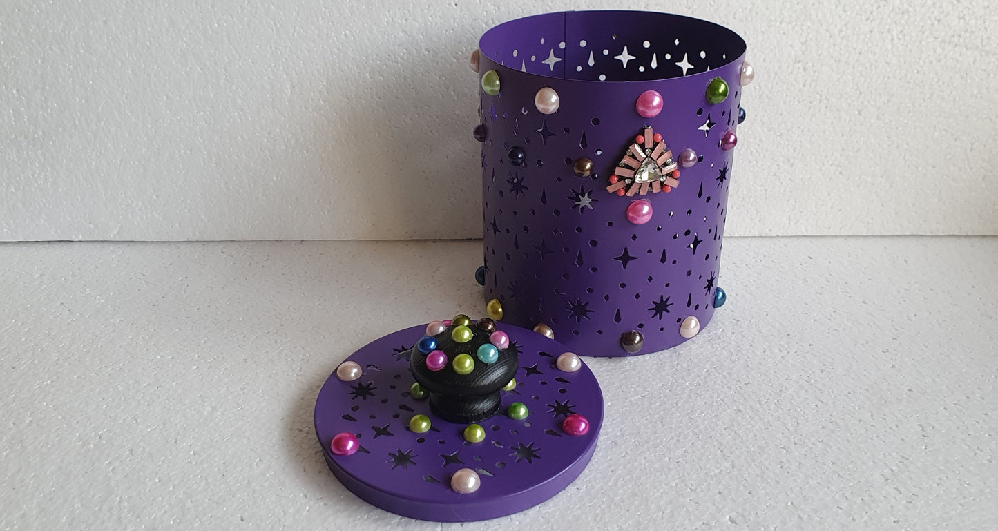 Purple Pierced Metal Candle Holder Or Storage Tin With Lid Decoupage Hand Decorated Home Decor Gift