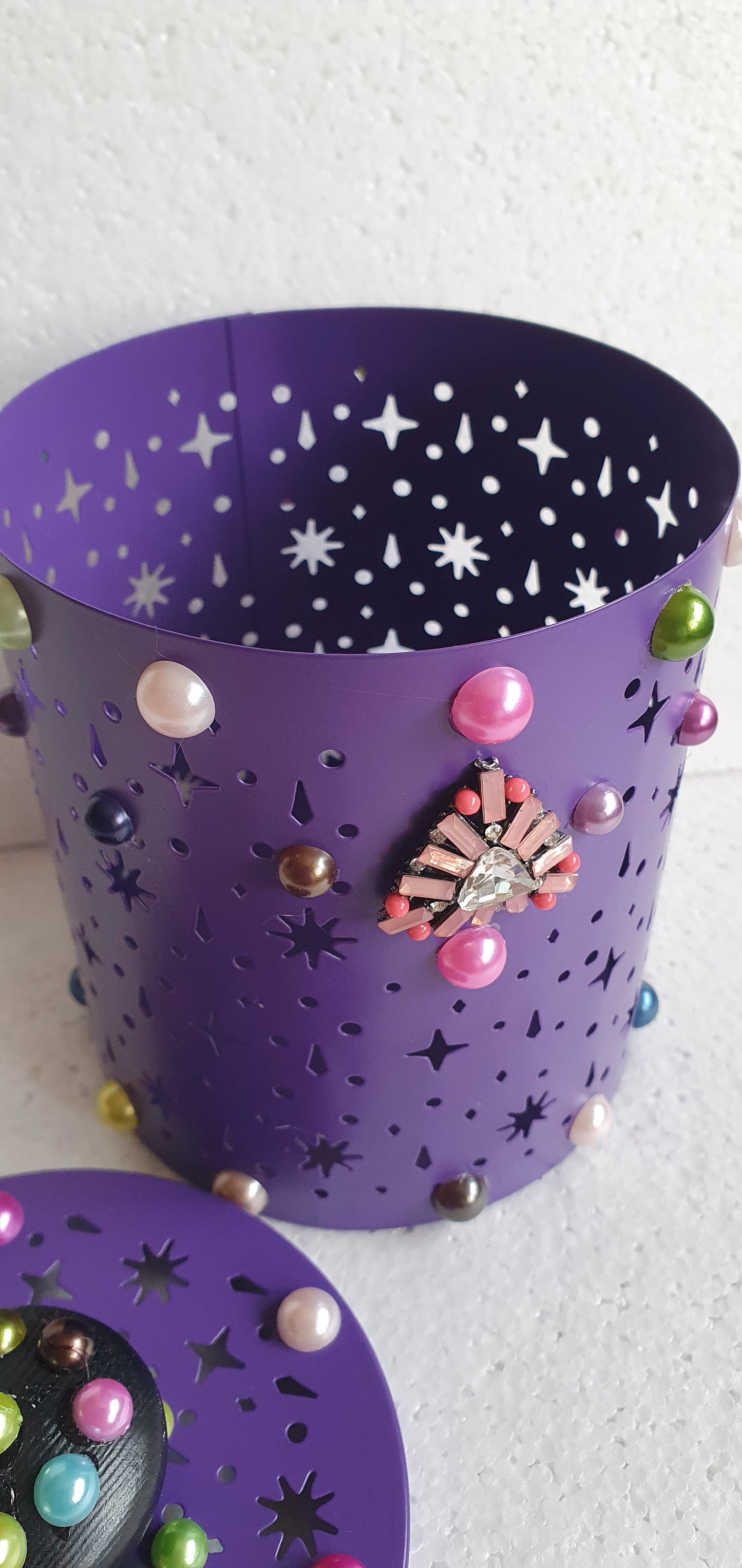 Purple Pierced Metal Candle Holder Or Storage Tin With Lid Decoupage Hand Decorated Home Decor Gift
