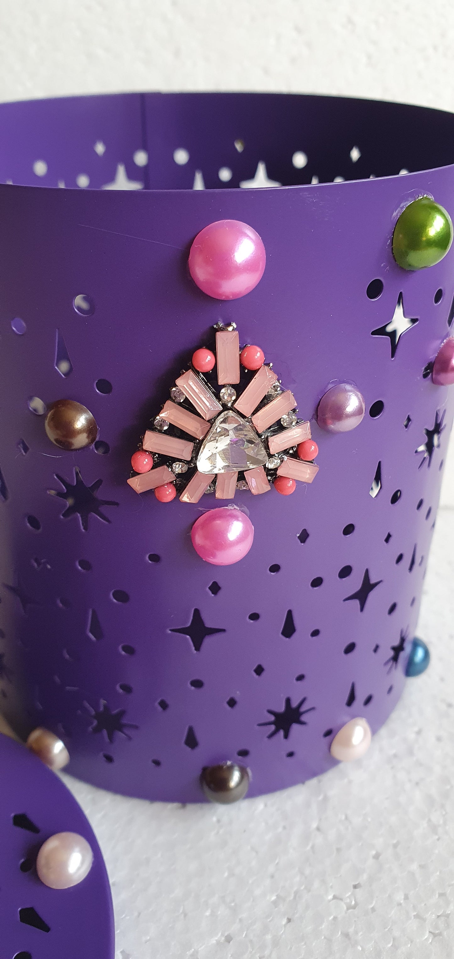 Purple Pierced Metal Candle Holder Or Storage Tin With Lid Decoupage Hand Decorated Home Decor Gift