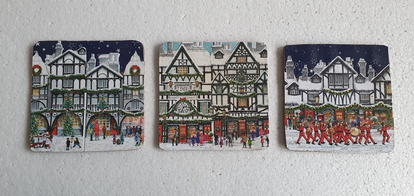 Tudor Buildings Street Scene Winter Decoupage Coasters Set Of Four Home Decor Gift