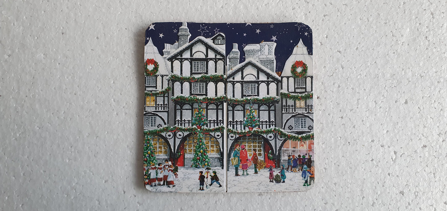 Tudor Buildings Street Scene Winter Decoupage Coasters Set Of Four Home Decor Gift