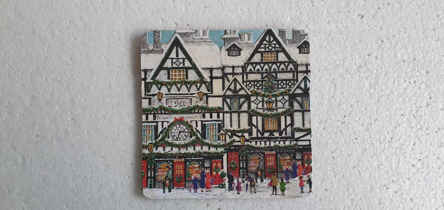 Tudor Buildings Street Scene Winter Decoupage Coasters Set Of Four Home Decor Gift