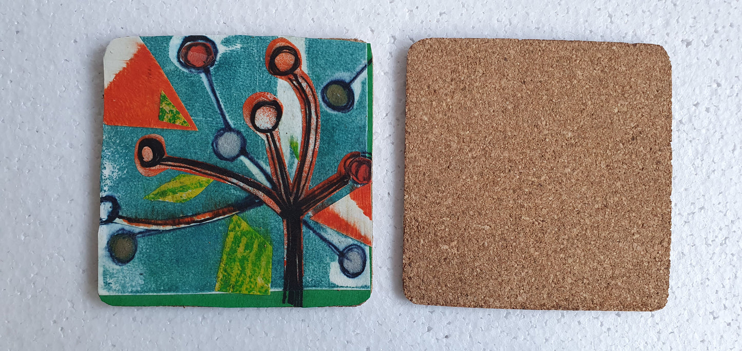 Single Mix And Match Coaster Abstract Flower Plant Orange Green Home Decor Gift