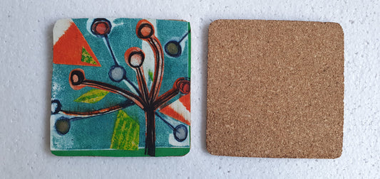 Single Mix And Match Coaster Abstract Flower Plant Orange Green Home Decor Gift