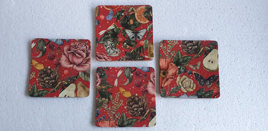 Fruit Butterflies Flowers Red Winter Decoupage Coasters Set Of Four Home Decor Gift