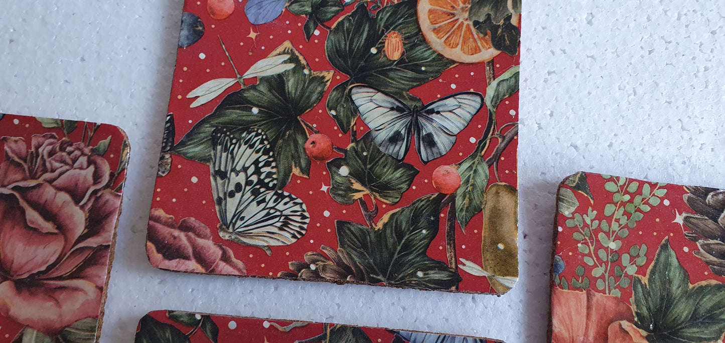 Fruit Butterflies Flowers Red Winter Decoupage Coasters Set Of Four Home Decor Gift