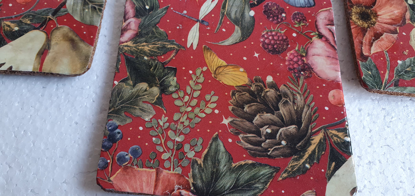 Fruit Butterflies Flowers Red Winter Decoupage Coasters Set Of Four Home Decor Gift