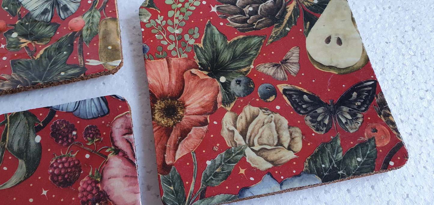 Fruit Butterflies Flowers Red Winter Decoupage Coasters Set Of Four Home Decor Gift