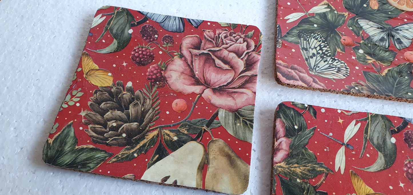 Fruit Butterflies Flowers Red Winter Decoupage Coasters Set Of Four Home Decor Gift