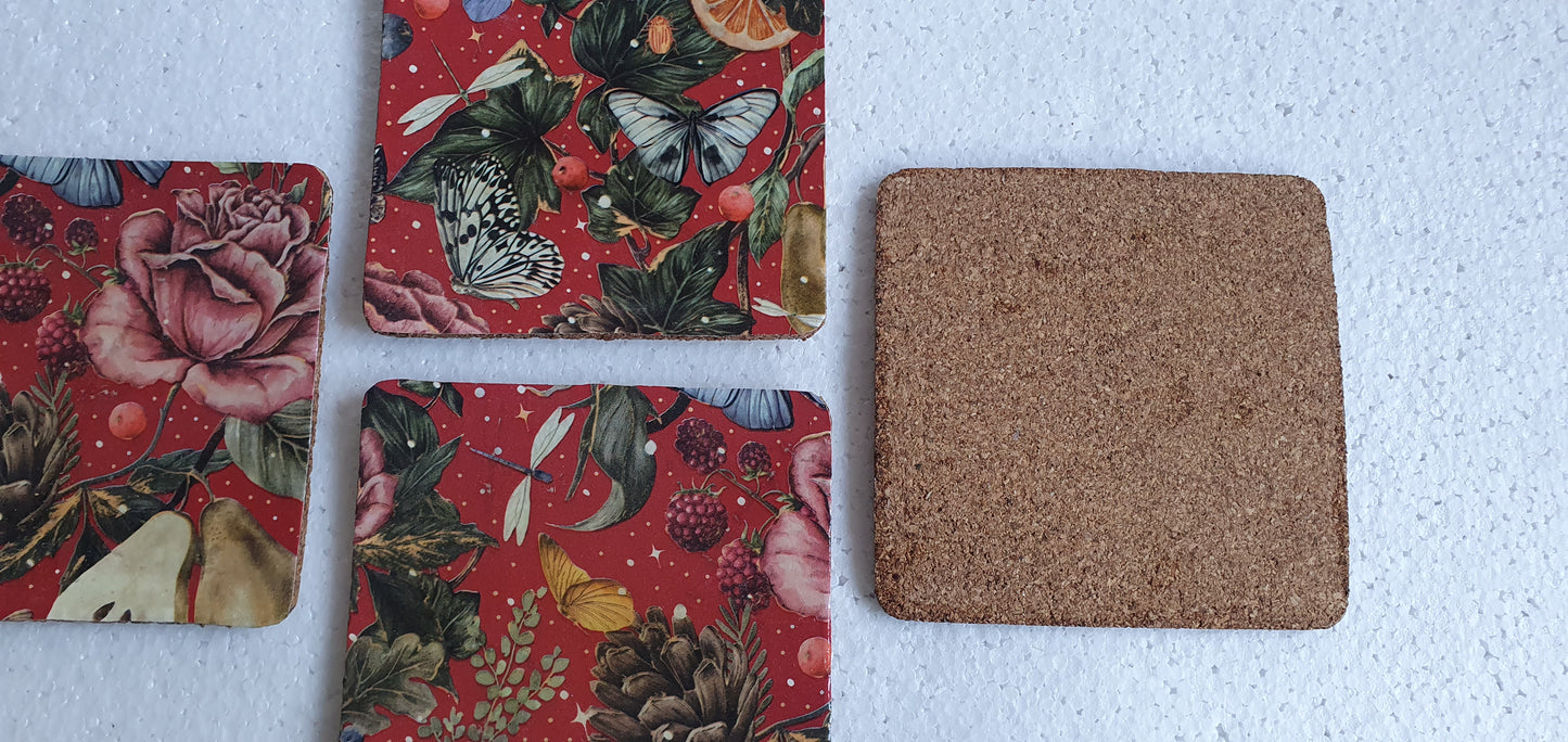 Fruit Butterflies Flowers Red Winter Decoupage Coasters Set Of Four Home Decor Gift