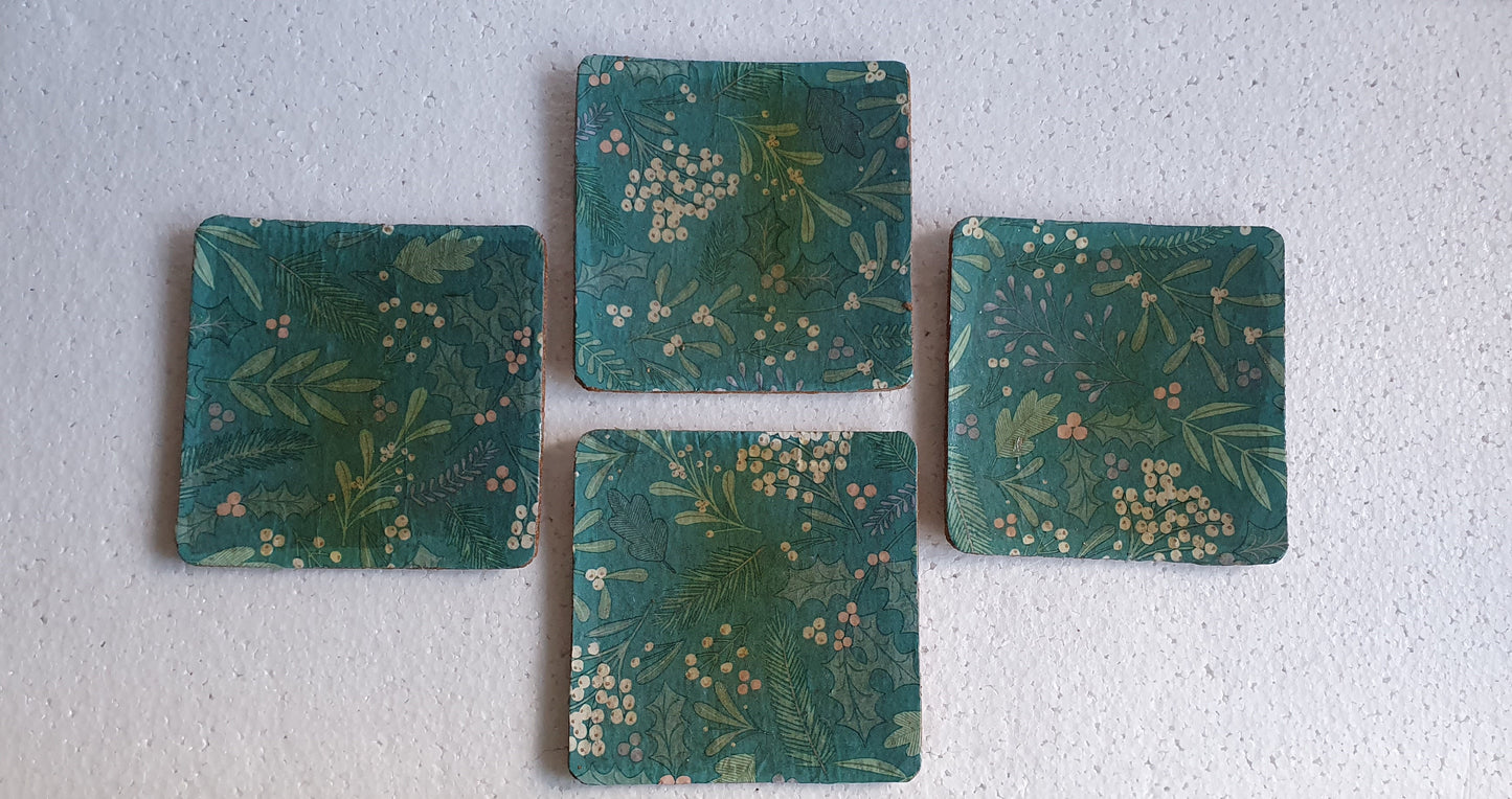 Coasters Flowers Mistletoe Green Winter Decoupage Set Of Three Home Decor Gift