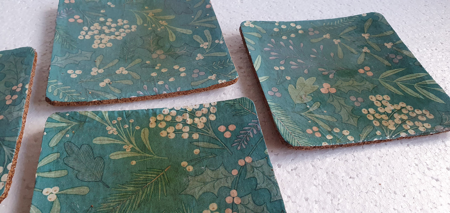 Coasters Flowers Mistletoe Green Winter Decoupage Set Of Three Home Decor Gift