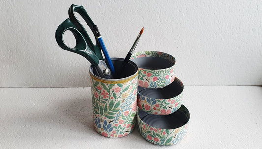 Upcycle Tin Can Desk Tidy Decoupage Pink White Green Bees Floral Hand Decorated Home Decor Gift