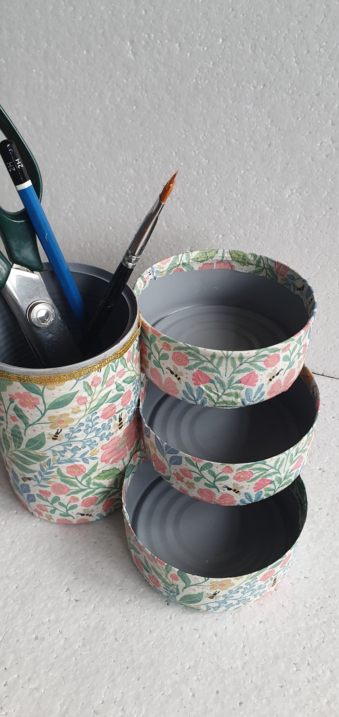 Upcycle Tin Can Desk Tidy Decoupage Pink White Green Bees Floral Hand Decorated Home Decor Gift