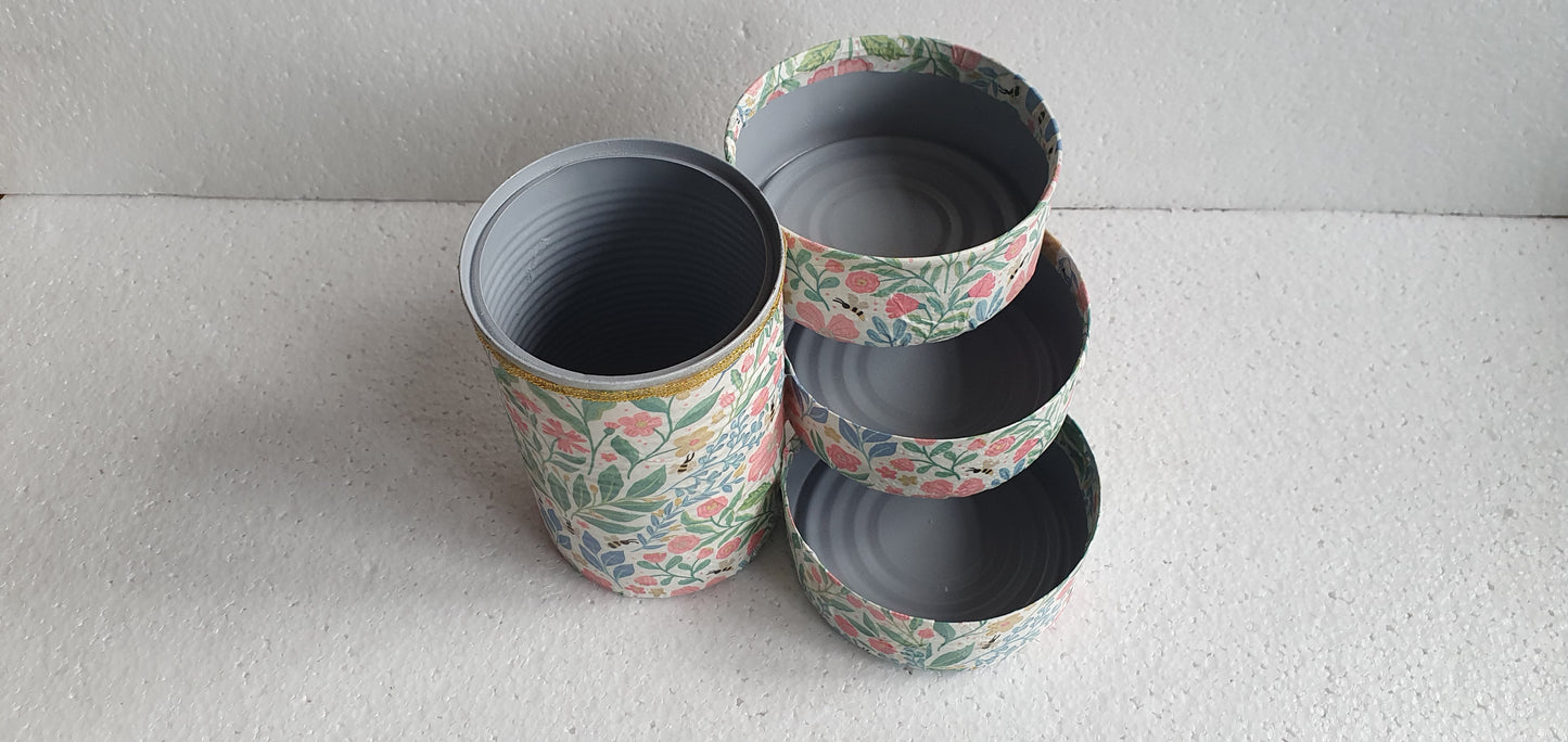 Upcycle Tin Can Desk Tidy Decoupage Pink White Green Bees Floral Hand Decorated Home Decor Gift