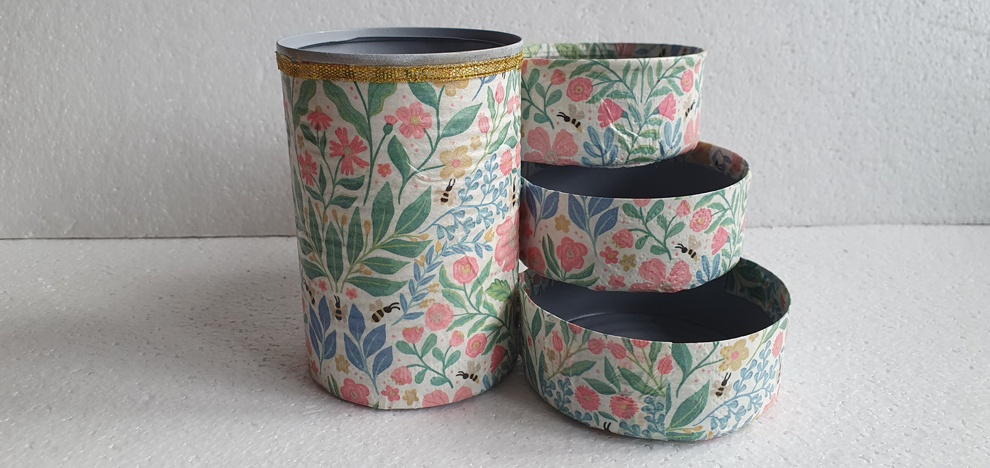 Upcycle Tin Can Desk Tidy Decoupage Pink White Green Bees Floral Hand Decorated Home Decor Gift