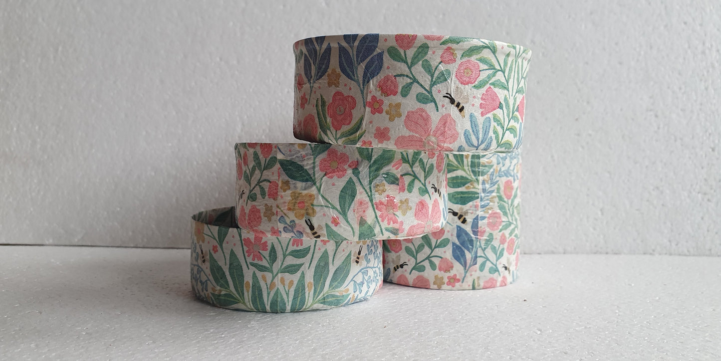 Upcycle Tin Can Desk Tidy Decoupage Pink White Green Bees Floral Hand Decorated Home Decor Gift