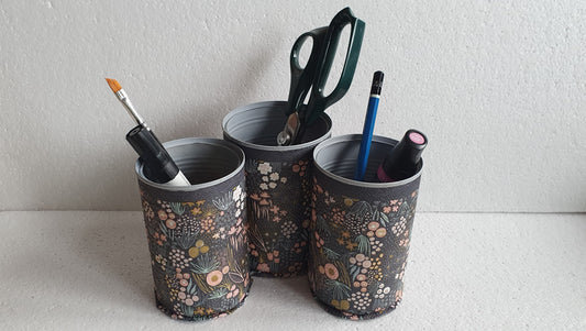 Upcycle Tin Can Artist's Desk Tidy Black Floral Pink Decoupage Hand Decorated Home Decor Gift