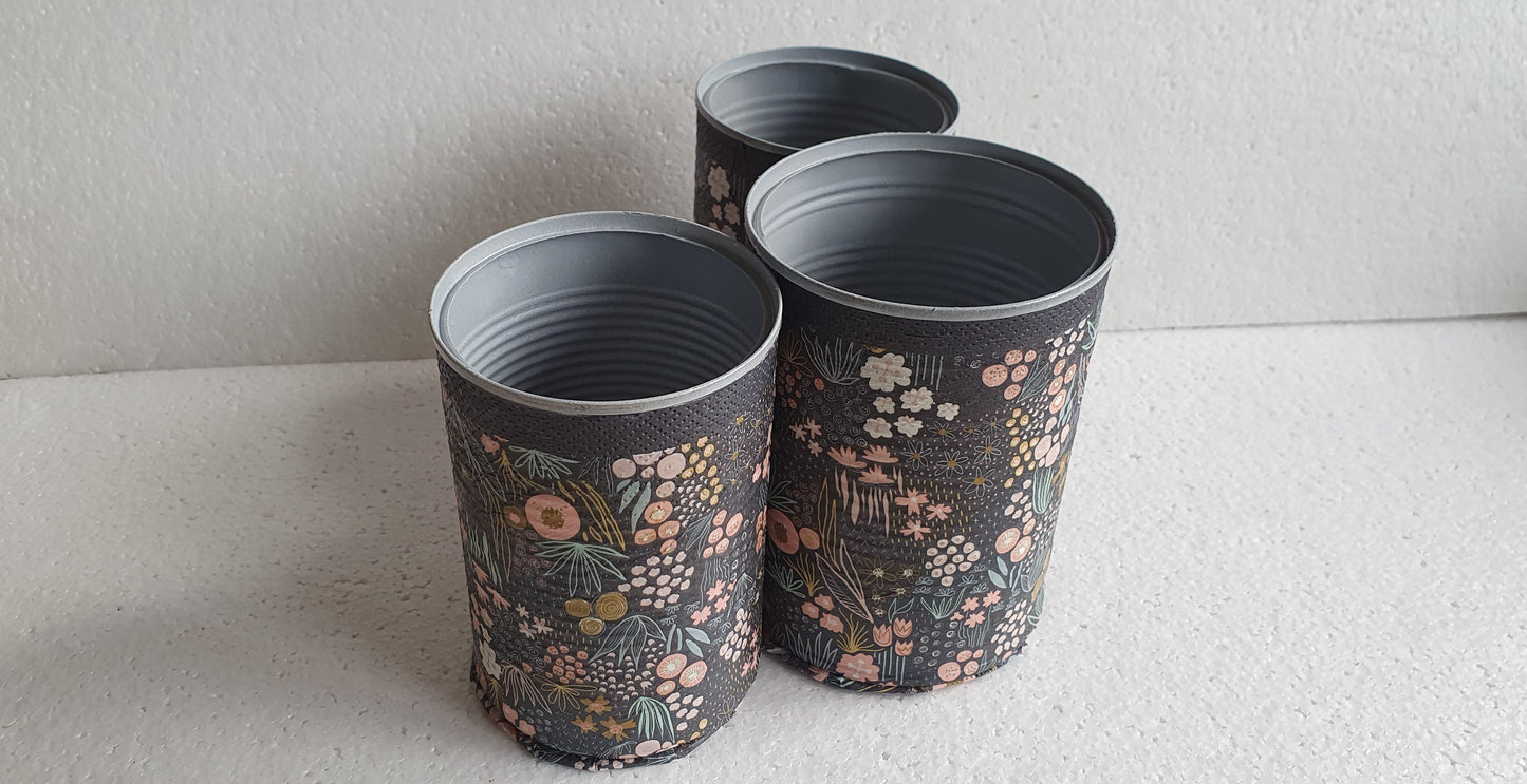 Upcycle Tin Can Artist's Desk Tidy Black Floral Pink Decoupage Hand Decorated Home Decor Gift