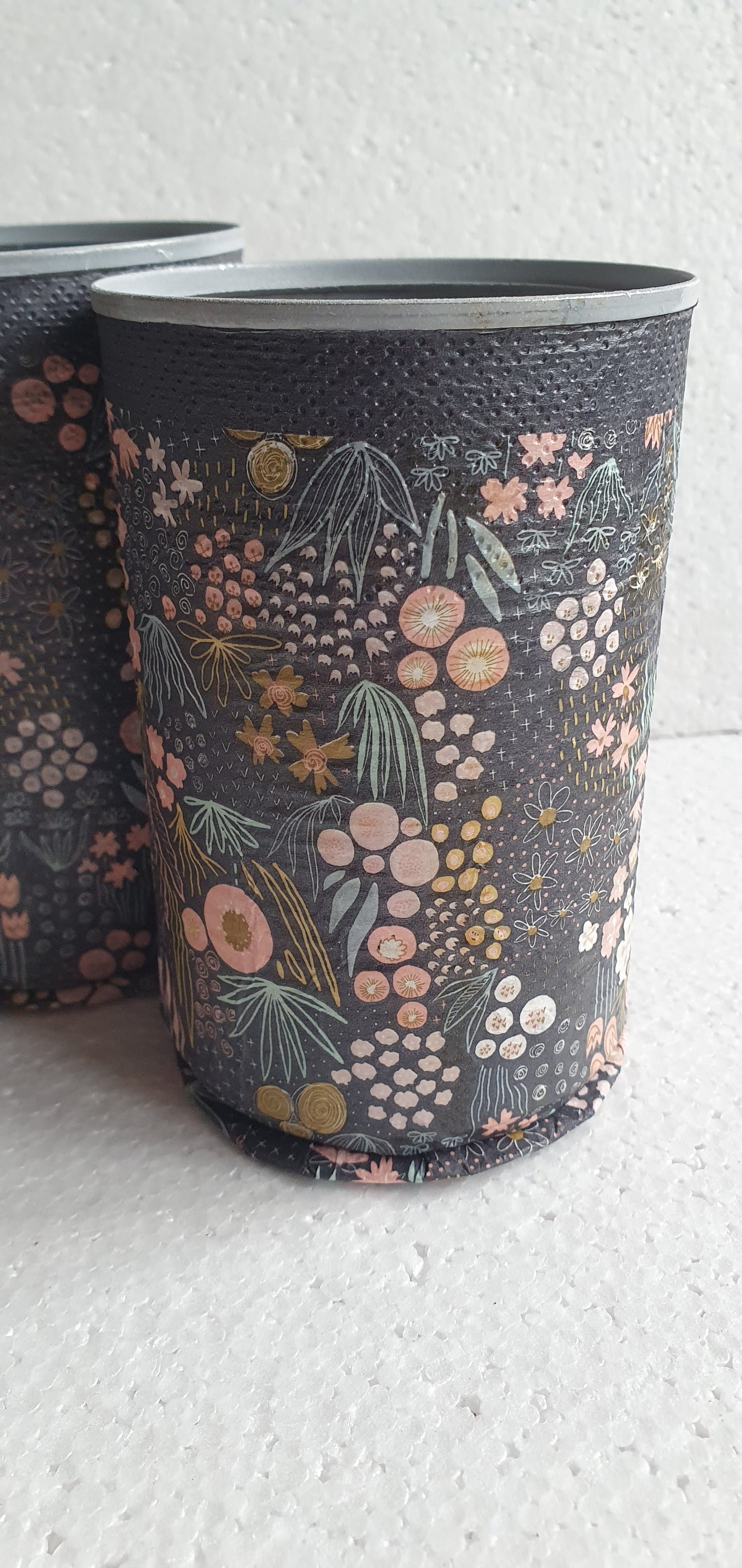 Upcycle Tin Can Artist's Desk Tidy Black Floral Pink Decoupage Hand Decorated Home Decor Gift