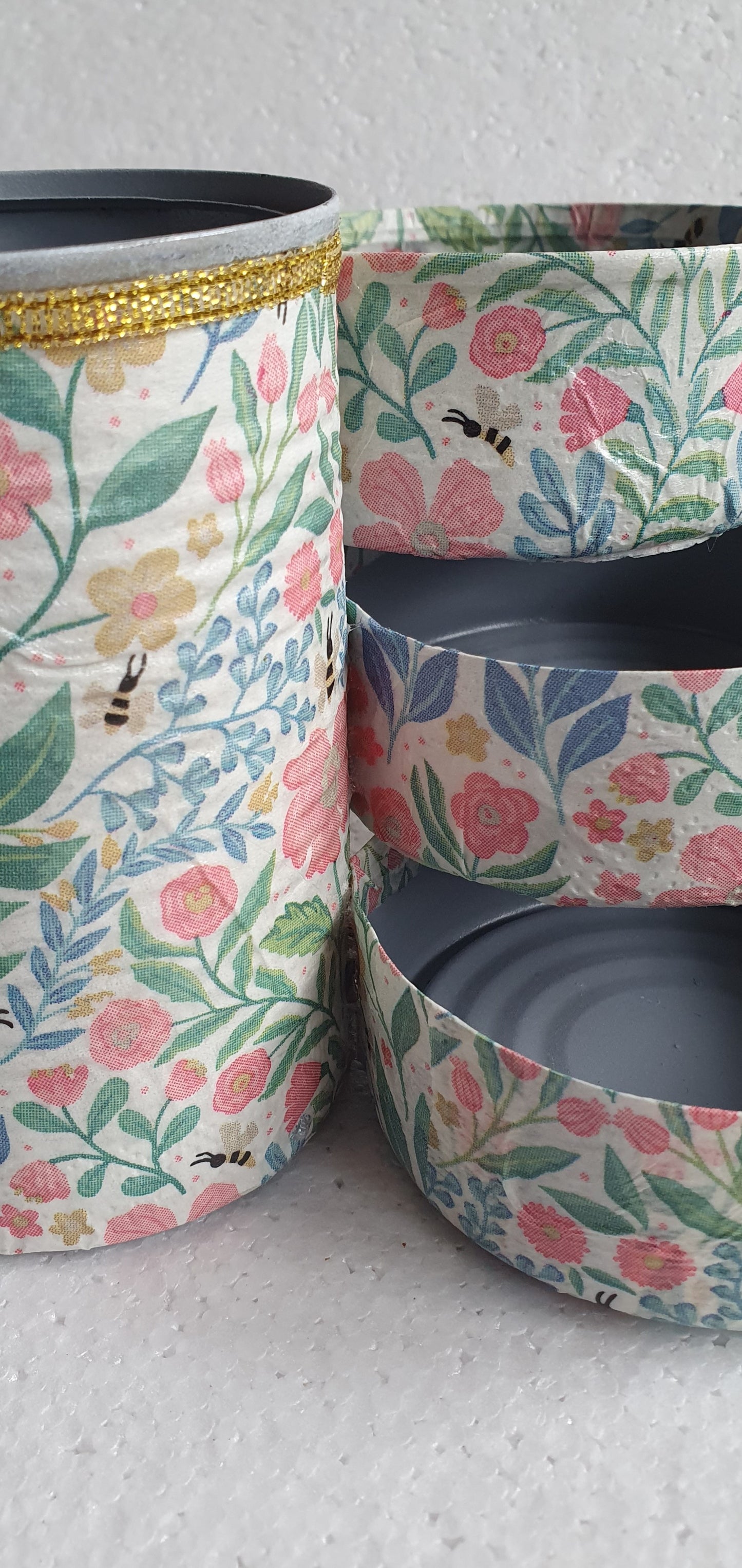 Upcycle Tin Can Desk Tidy Decoupage Pink White Green Bees Floral Hand Decorated Home Decor Gift