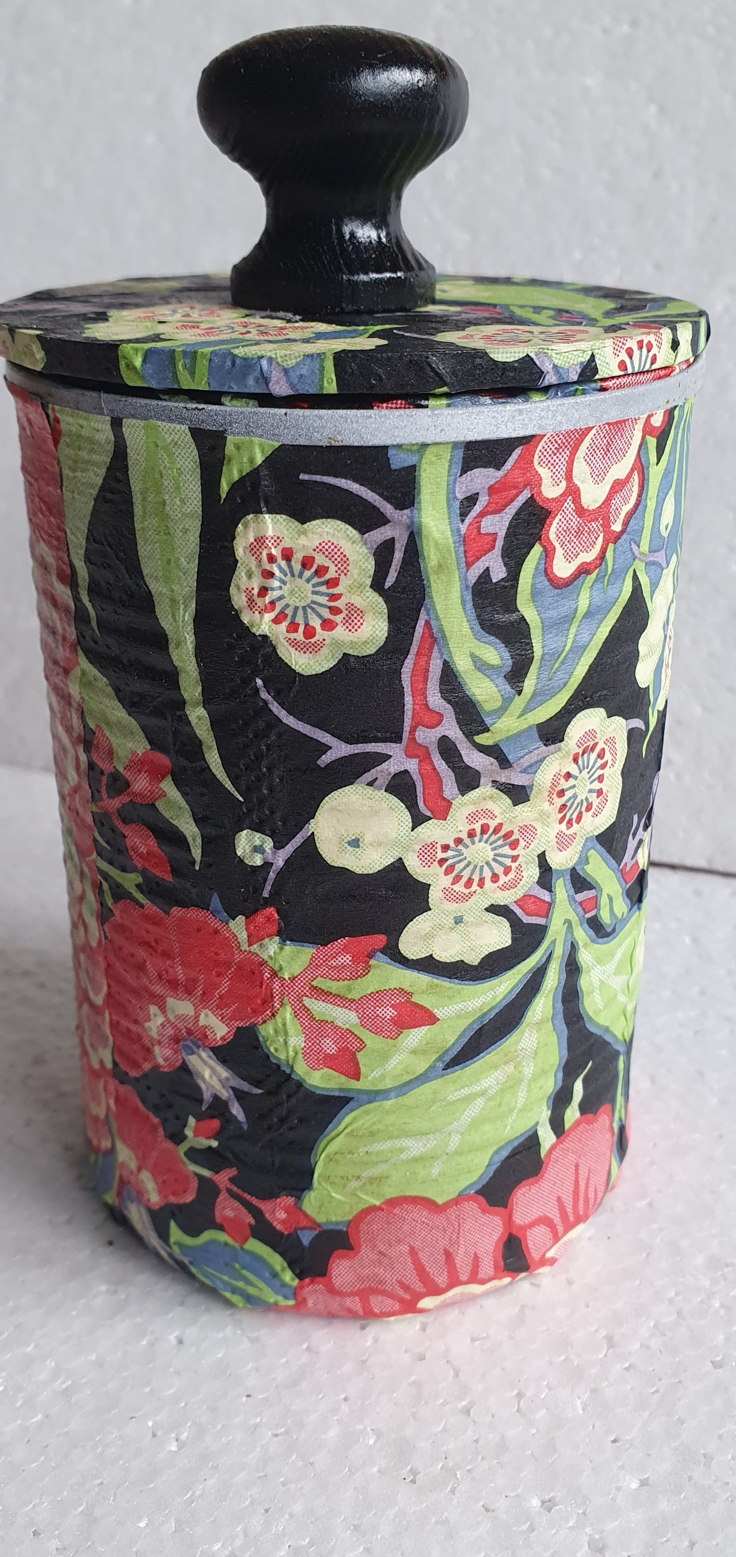 Upcycle Tin Can Storage Jars With Lids Black Red Yellow Floral Decoupage Hand Decorated Home Decor Gift