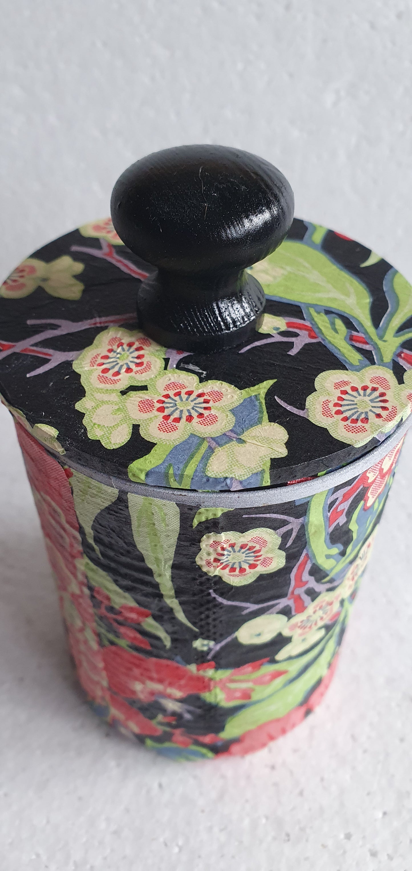 Upcycle Tin Can Storage Jars With Lids Black Red Yellow Floral Decoupage Hand Decorated Home Decor Gift