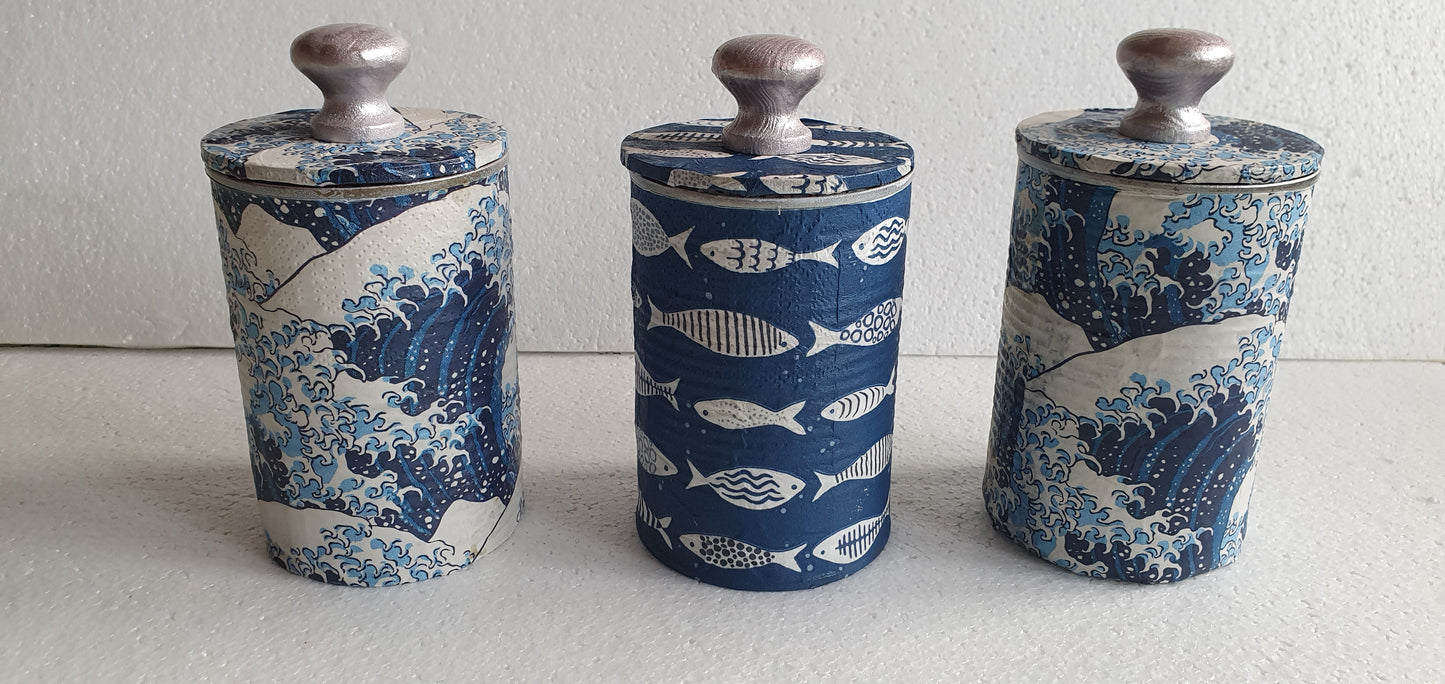 Upcycle Tin Can Storage Jars With Lids Blue White Pink Sea Waves Fish Decoupage Hand Decorated Home Decor Gift