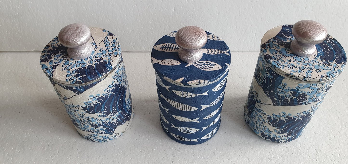 Upcycle Tin Can Storage Jars With Lids Blue White Pink Sea Waves Fish Decoupage Hand Decorated Home Decor Gift
