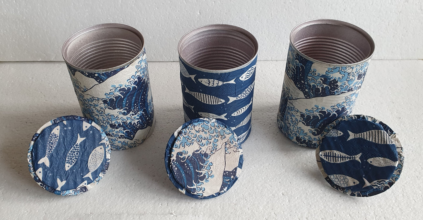 Upcycle Tin Can Storage Jars With Lids Blue White Pink Sea Waves Fish Decoupage Hand Decorated Home Decor Gift