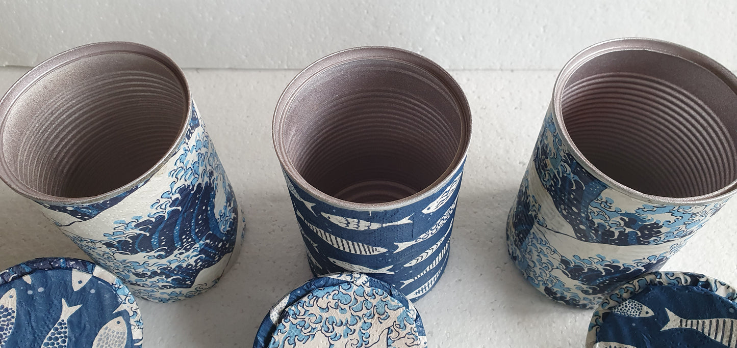 Upcycle Tin Can Storage Jars With Lids Blue White Pink Sea Waves Fish Decoupage Hand Decorated Home Decor Gift