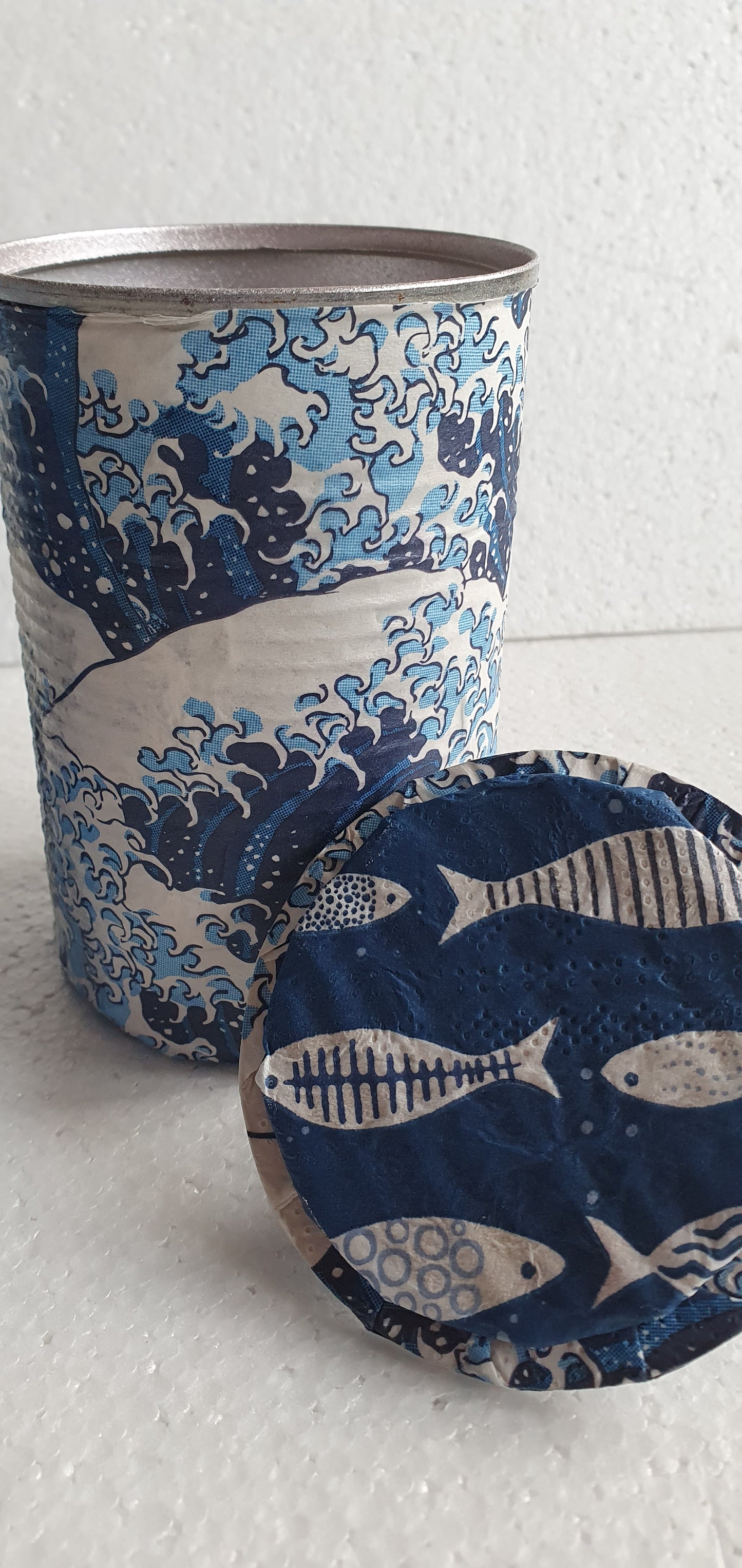 Upcycle Tin Can Storage Jars With Lids Blue White Pink Sea Waves Fish Decoupage Hand Decorated Home Decor Gift
