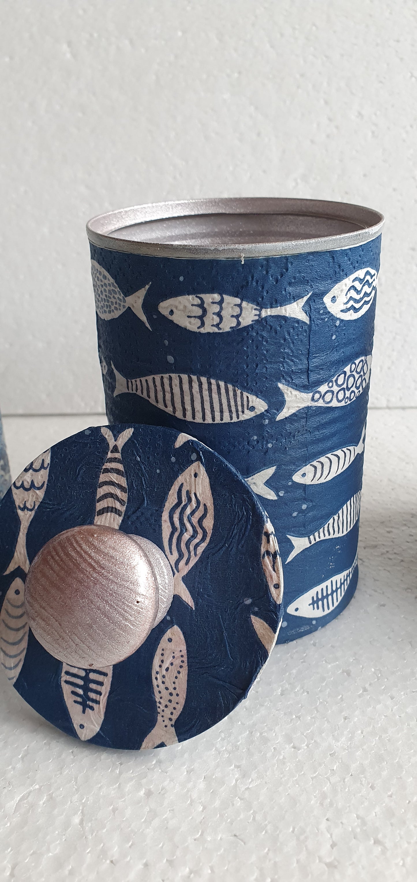 Upcycle Tin Can Storage Jars With Lids Blue White Pink Sea Waves Fish Decoupage Hand Decorated Home Decor Gift