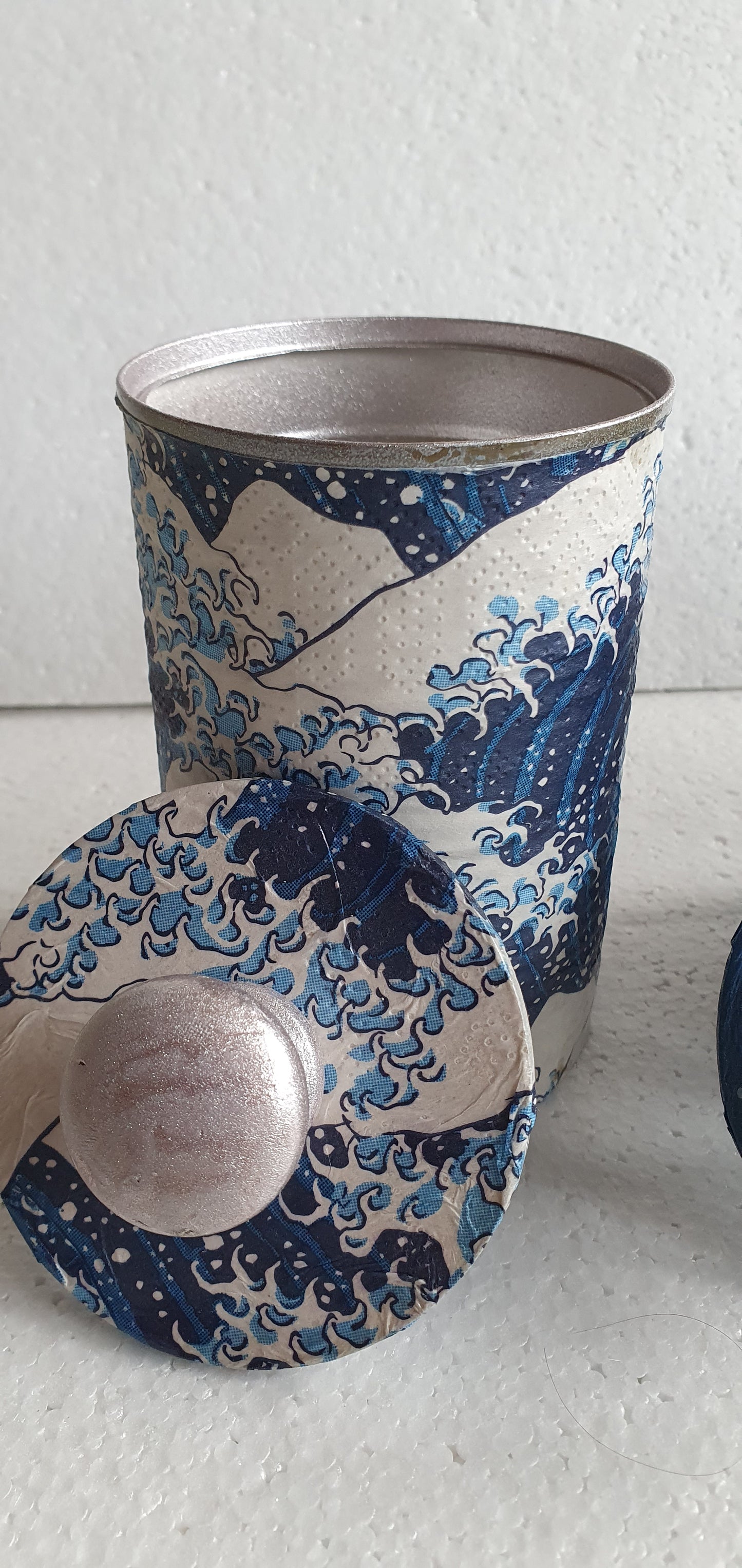 Upcycle Tin Can Storage Jars With Lids Blue White Pink Sea Waves Fish Decoupage Hand Decorated Home Decor Gift