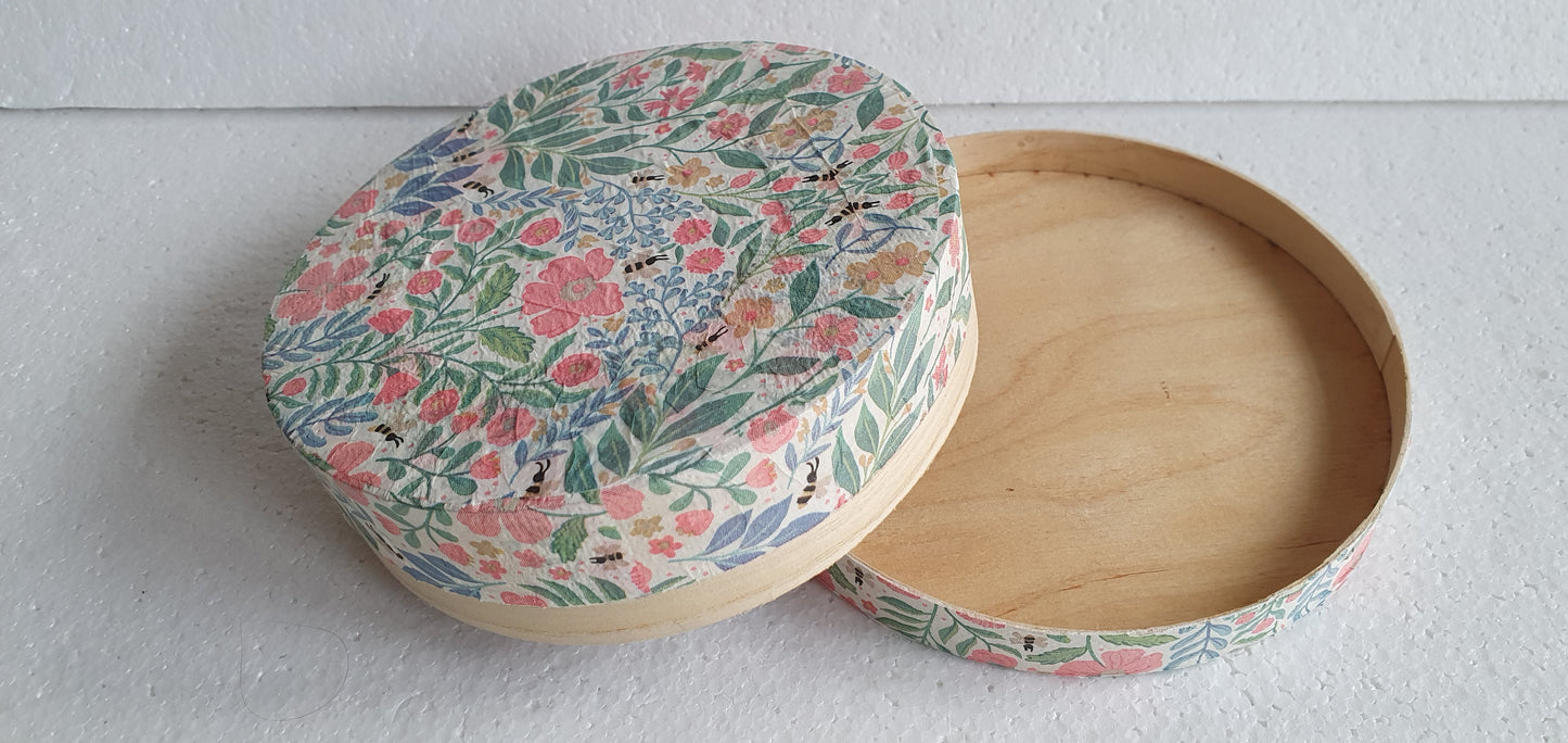 Round Floral Pink Green White Bees Wooden Hand Decorated Jewellery / Trinket Box Decor Gift