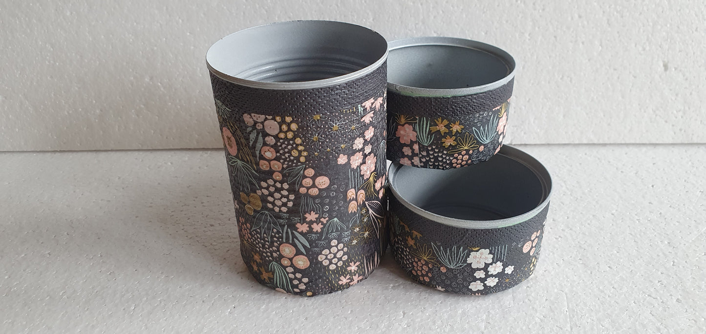 Upcycle Tin Can Desk Tidy Decoupage Black Pink Floral Hand Decorated Home Decor Gift