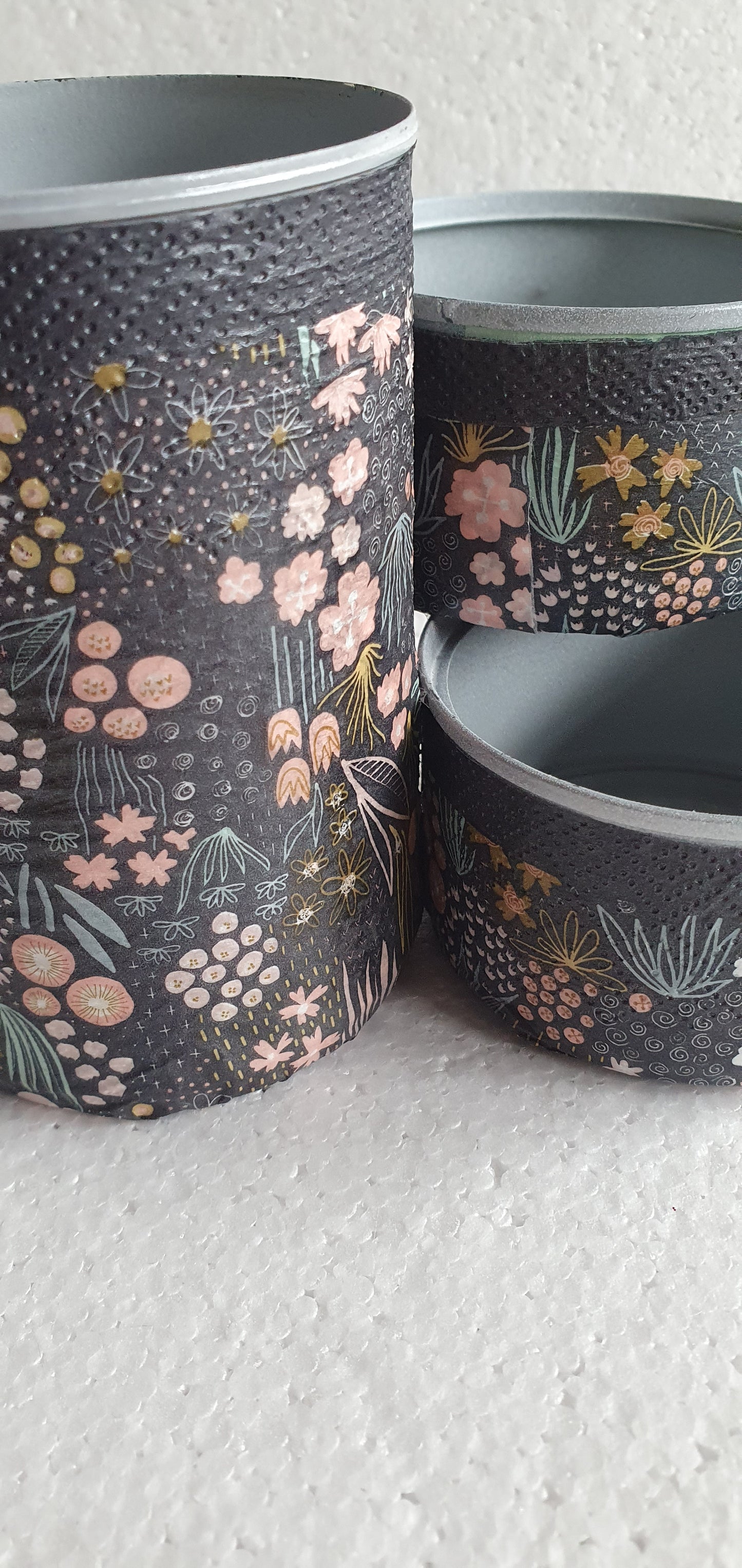 Upcycle Tin Can Desk Tidy Decoupage Black Pink Floral Hand Decorated Home Decor Gift