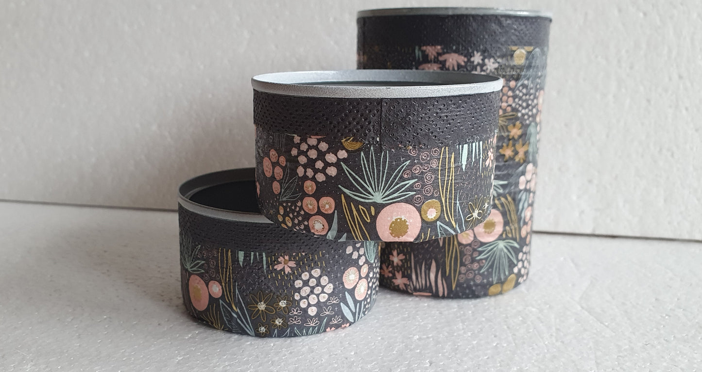 Upcycle Tin Can Desk Tidy Decoupage Black Pink Floral Hand Decorated Home Decor Gift