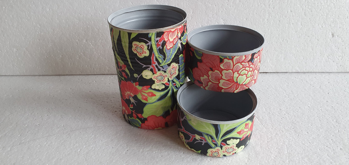 Upcycle Tin Can Desk Tidy Decoupage Black Pink Yellow Floral Hand Decorated Home Decor Gift